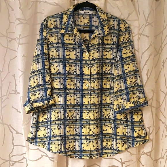Vintage ALIA 18W Yellow and Blue Plaid Blouse - Picture 1 of 4